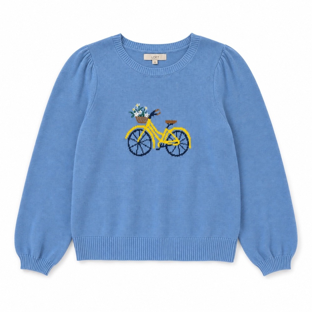LOFT Bicycle Sweater Womens Size L Blue Intarsia Cotton Knit Cottagecore Preppy